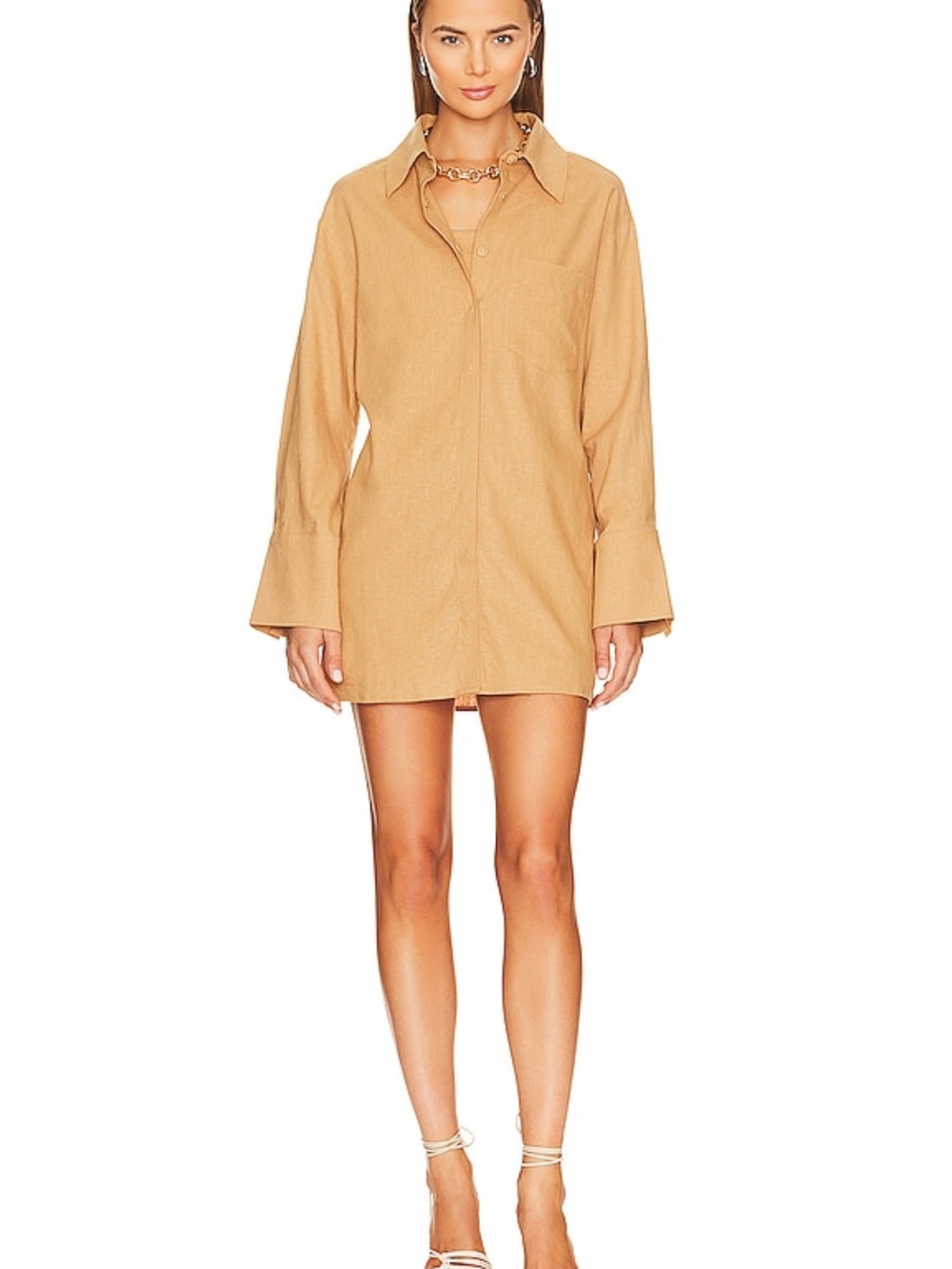 Camila Coelho Camel Long Sleeve Shirt Dress